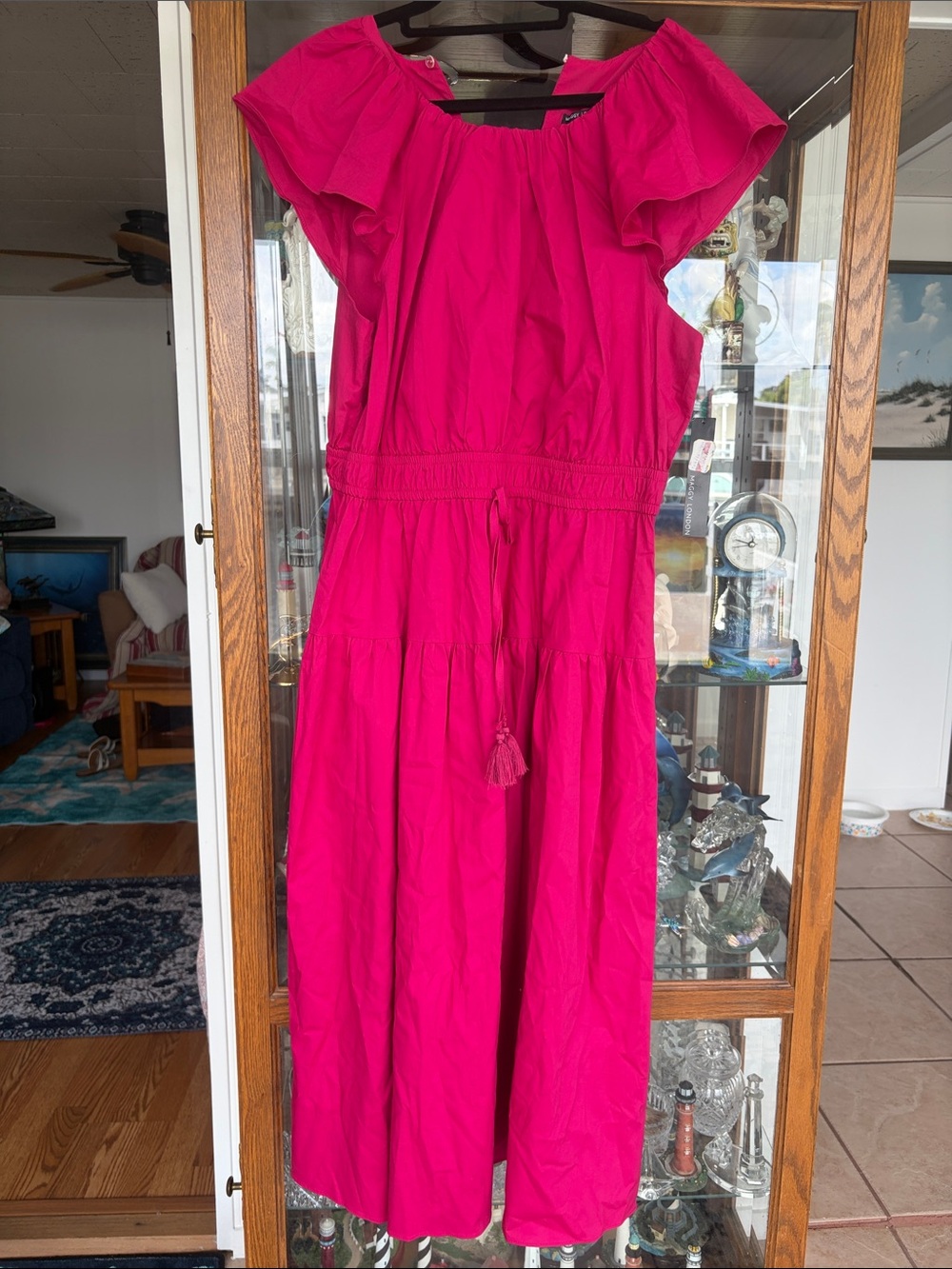 Maggy London Hot Pink Ruffle-Sleeve Midi Dress